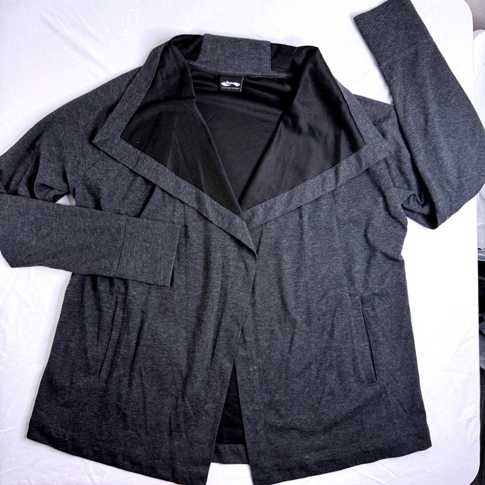 Cascade Sport Womens Large Gray Open Front Cardigan Shawl Collar Thumbholes